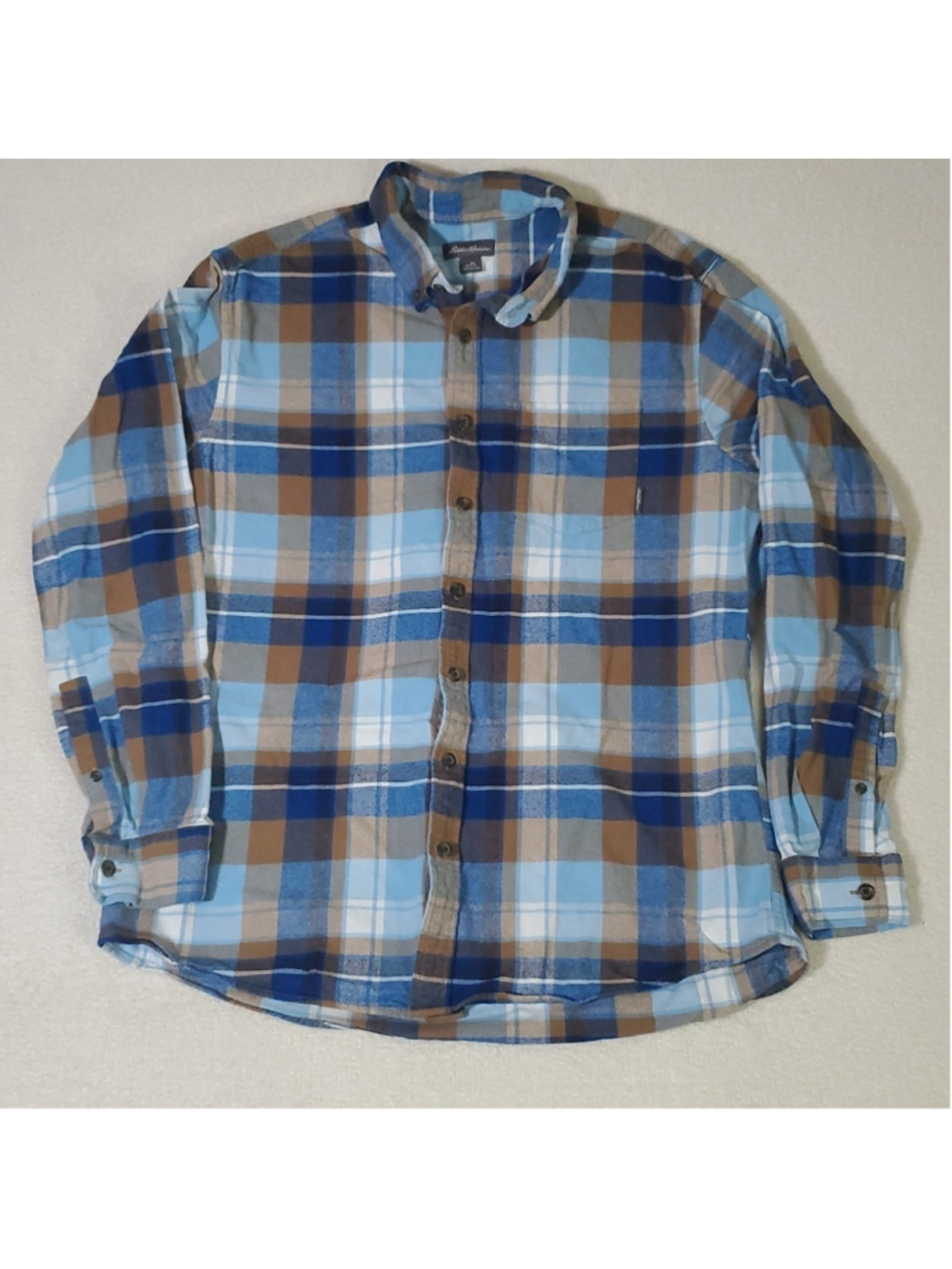 Eddie Bauer Men's Longsleeve flannel shirt, size Large Tall Blue/Brown Soft